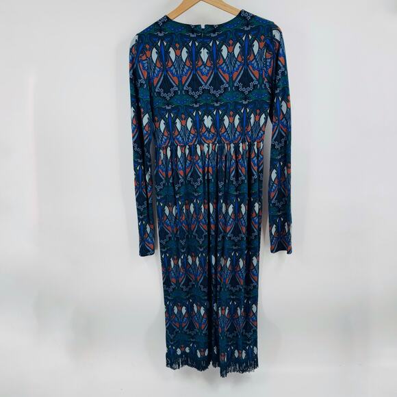 Cara Cara Liza Long Sleeve Printed Midi Fringe Hem Dress Blue Green Size M - Picture 3 of 9